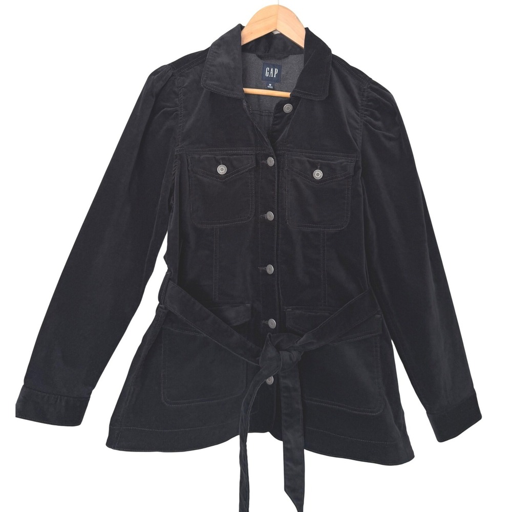 GAP Womens Black Velvet Belted Utility Jacket Puff Sleeve 810807-00 M
